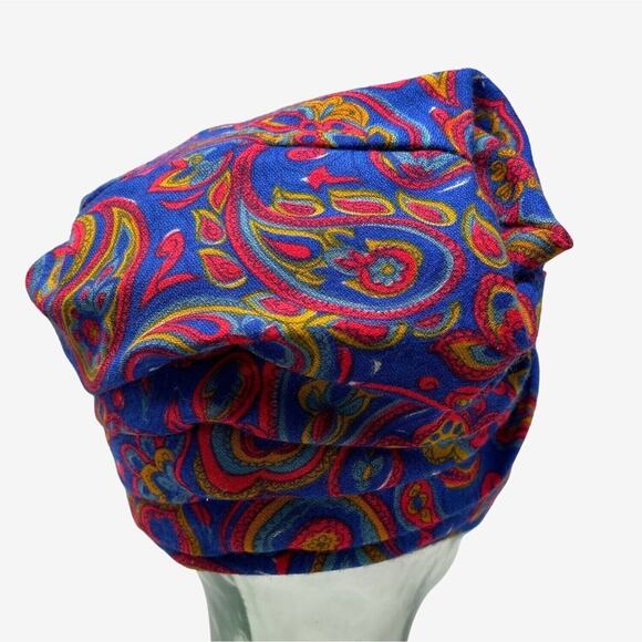 60s Turban Style Hat Paisley Blue Red‎ Bow Vintage MidMod Casual Boho Styles